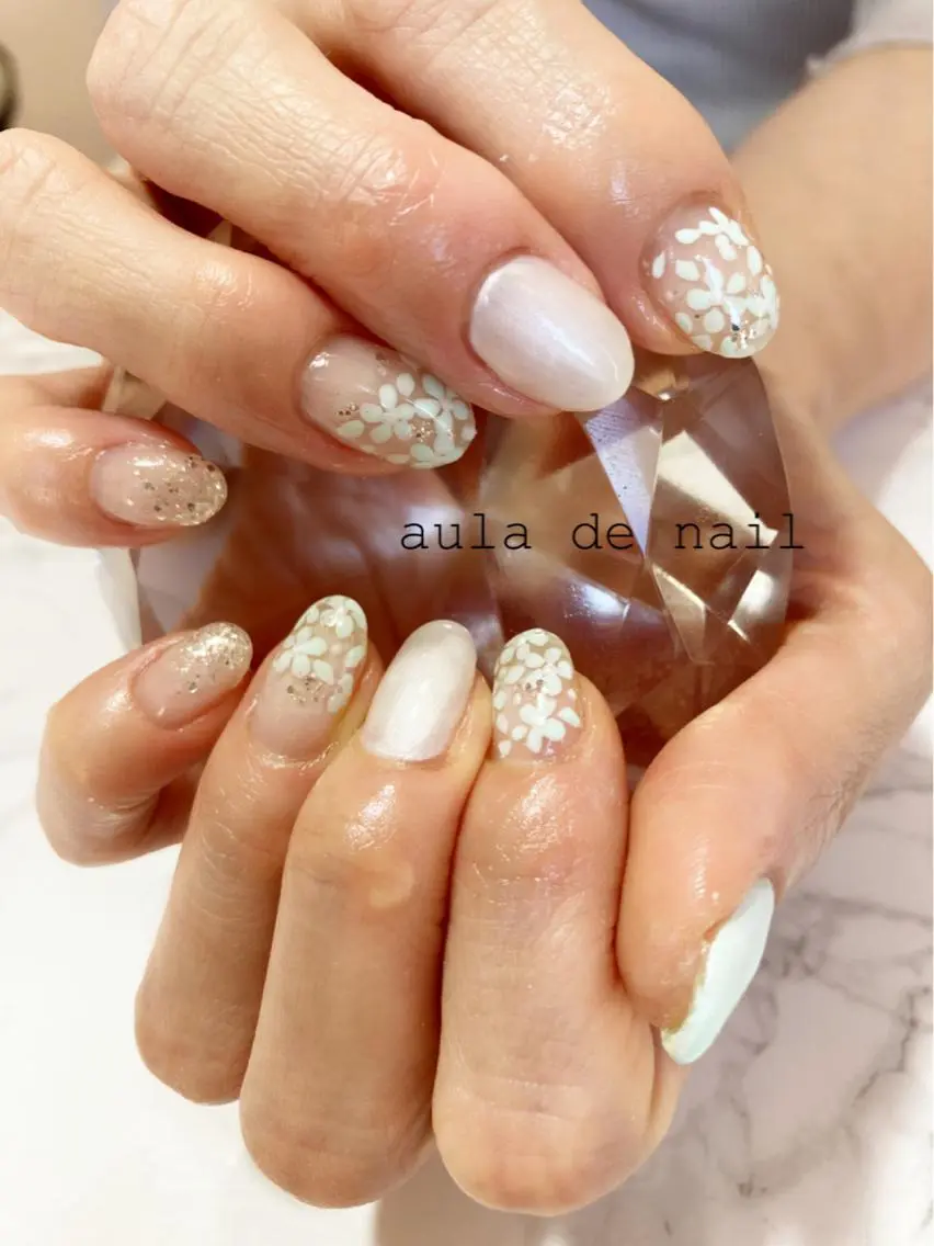 ネイル アートネイル グリーン ハンドネイル auladenail アウラデネイルのネイルデザイン