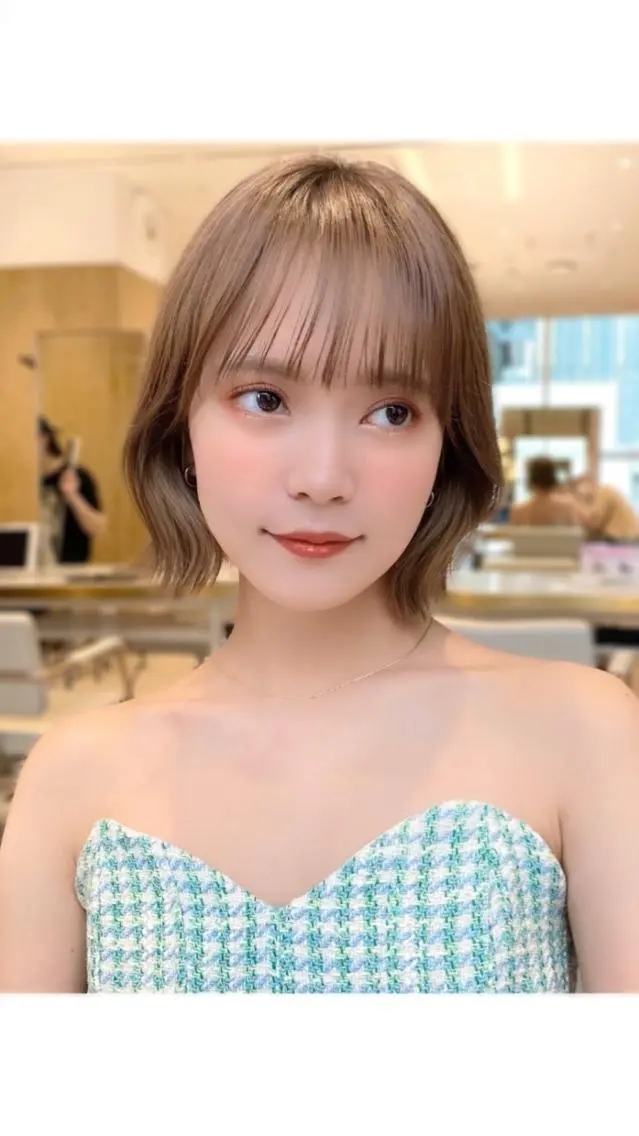 ミディアム カラー パーマ ヘアアレンジ 切りっぱなしボブ バレイヤージュ ブリーチ ケアブリーチ 透明感カラー カット ヘアカラー トリートメント ヘアセット 小野寺瑞希 /最小顔カットのヘアスタイル