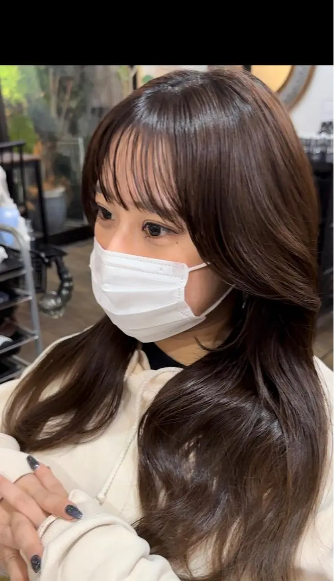 ロング カラー 切りっぱなしボブ ショートボブ バレイヤージュ ベージュカラー 黒髪 カット ヘアカラー トリートメント 韓国レイヤー柔らかい 地毛風縮毛矯正／マツのヘアスタイル