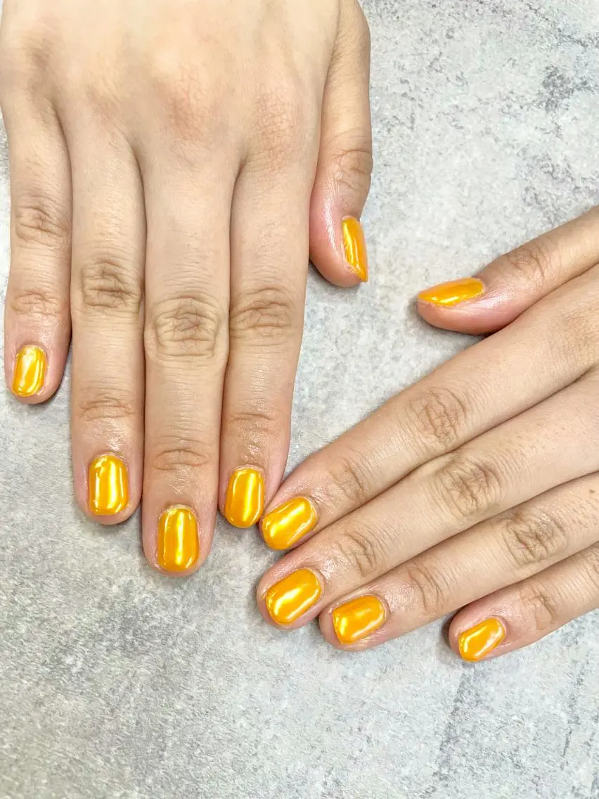 ネイル オーロラネイル ミラーネイル オレンジ ハンドネイル ハンドケア FASTNAIL PLUS 新宿店のネイルデザイン