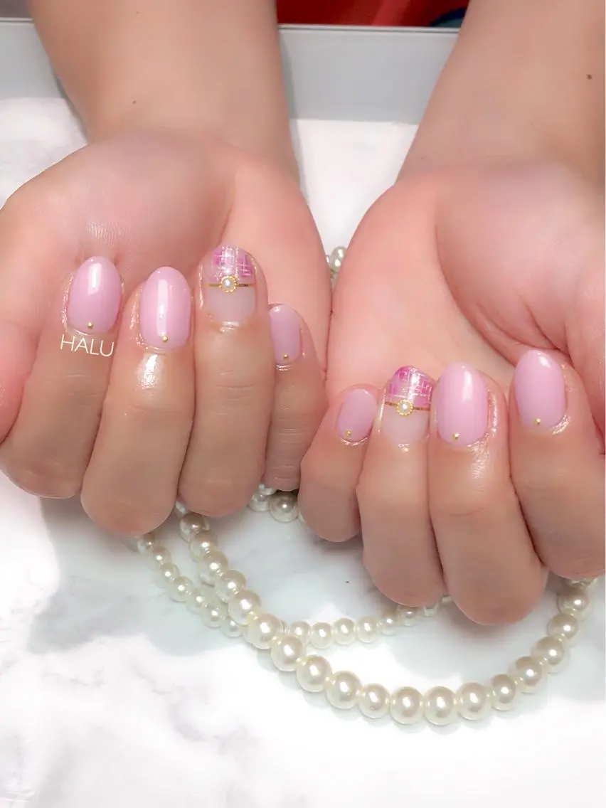 ネイル ガーリー オフィスネイル ピンク ツイードネイル HALU ハルのネイルデザイン
