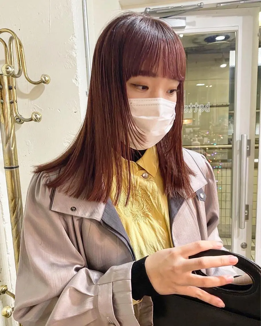 セミロング カラー オレンジ サイドバング ワイドバング パーマ美容師 hanaのヘアスタイル