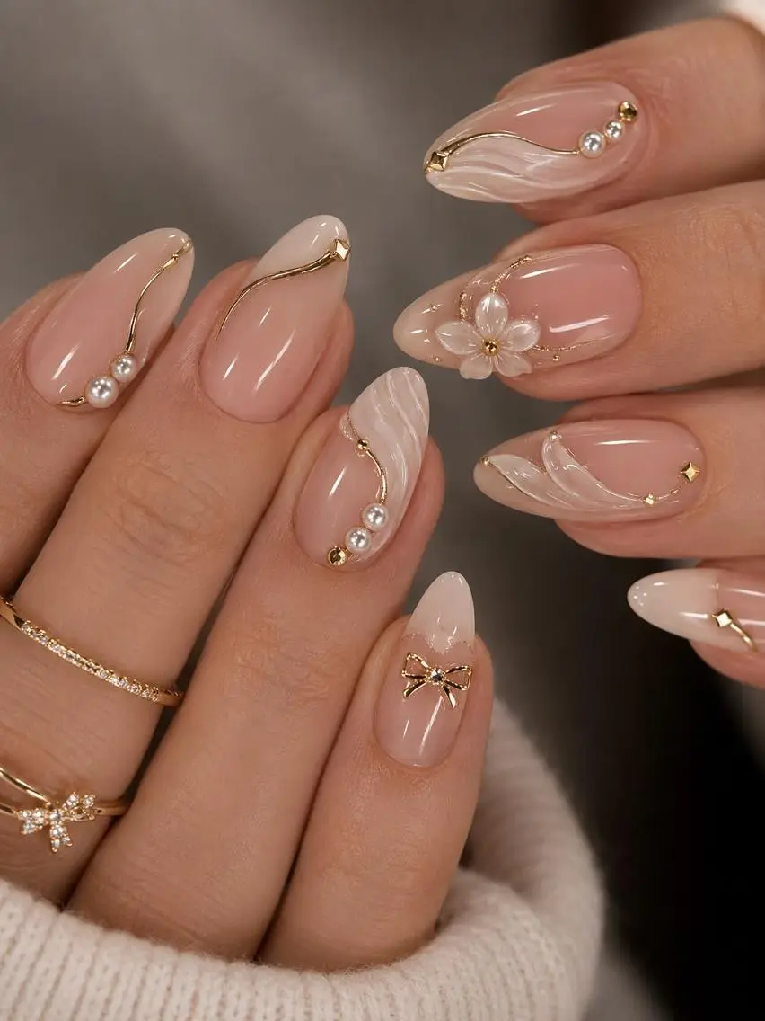 ネイル ブルー 長さ出し フラワーネイル キラキラネイル 韓国ネイル ハンドネイル Blingg NailStudioのネイルデザイン