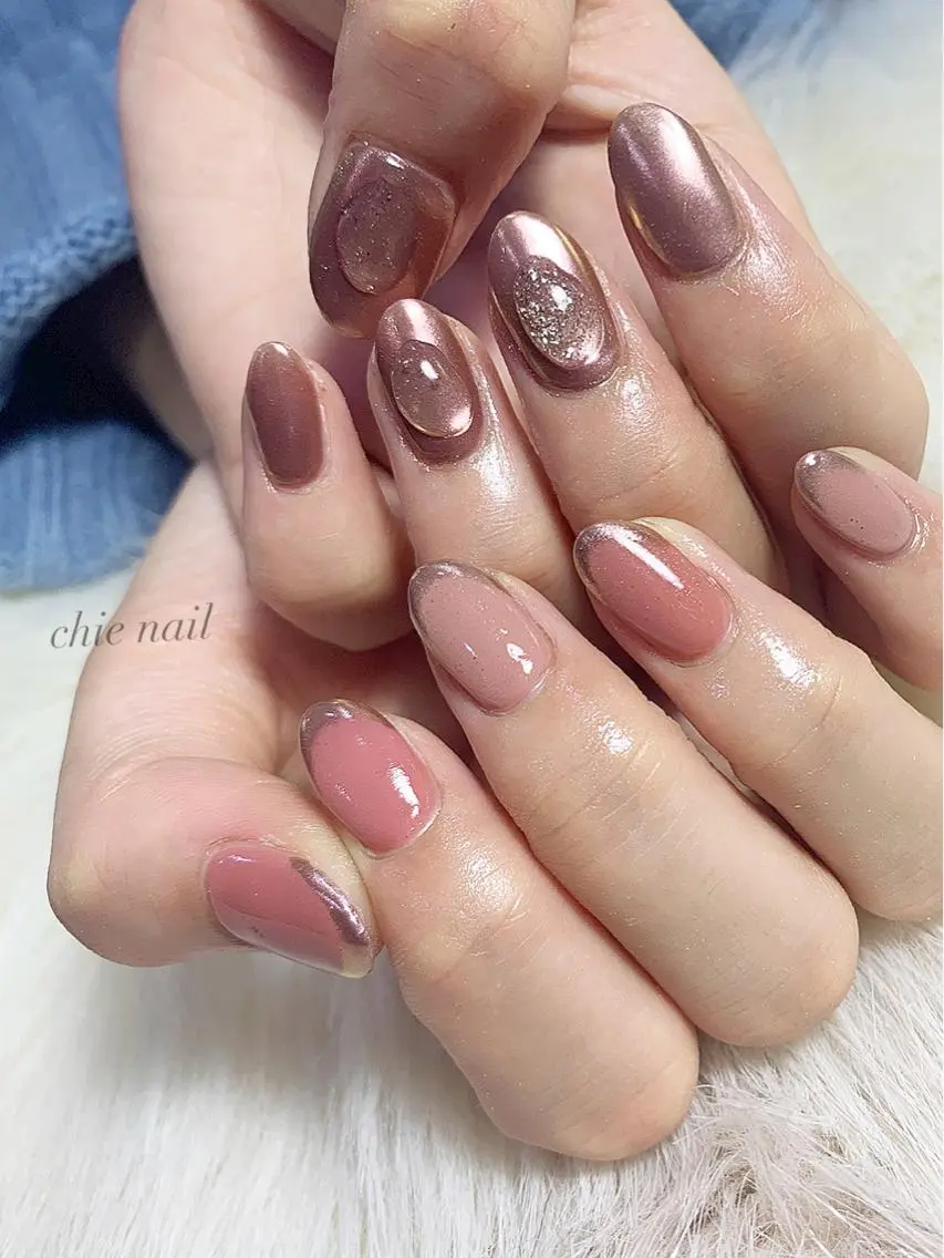 ネイル フレンチネイル ミラーネイル ピンク ぷっくりネイル 森ノ宮❤︎ chieのネイルデザイン