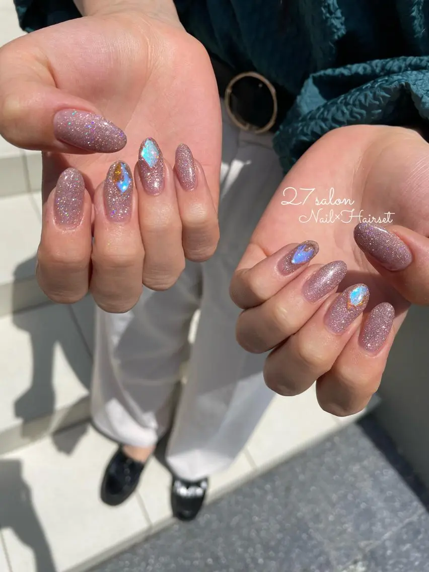 ネイル オーロラネイル フラッシュネイル 氷ネイル・うるうるネイル ピンク 27salon yuinaのネイルデザイン