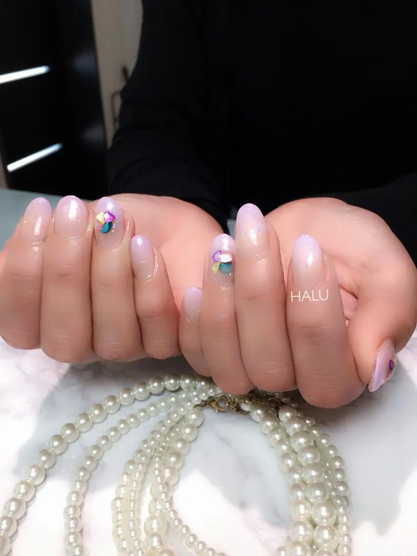 ネイル ラメ(グリッター) パステルネイル パープル ストーンネイル HALU ハルのネイルデザイン