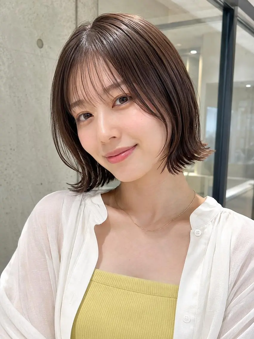 ミディアム カラー 切りっぱなしボブ ミディアムレイヤー グレージュ ボブ 髪質改善 切りっぱなしボブ/ 透明感カラー/うらんのヘアスタイル