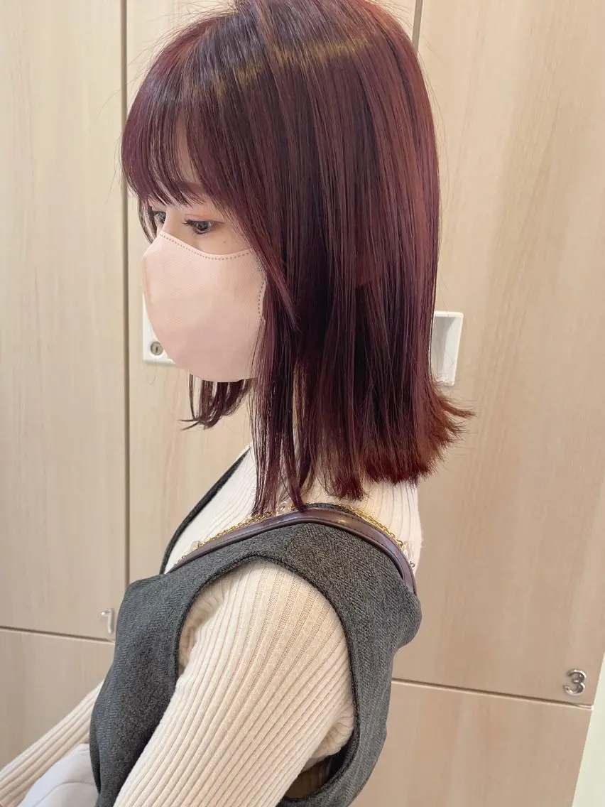 ミディアム 切りっぱなしボブ ピンクブラウン ボブ カット ヘアカラー 【ボブ/個室サロン】 癒し空間mimuraのヘアスタイル