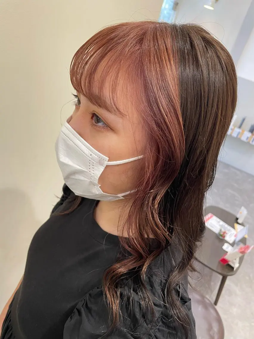 セミロング カラー ミストバング ベージュカラー  フェイスフレーミング ピンクカラー ピンクベージュ ヘアカラー Amour なぐらのヘアスタイル