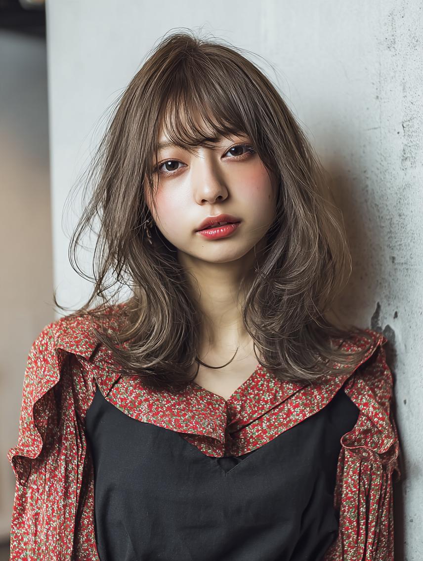 セミロング 🍒暖色×ハイトーン ×デザイン✨まなりのヘアスタイル