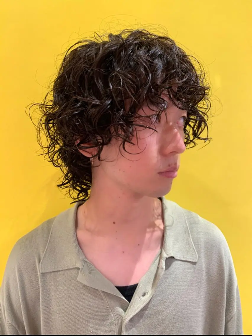 ミディアム メンズ ミディアムパーマ メンズパーマ カット パーマ ウルフ、レイヤー 、メンズカットSHOのヘアスタイル