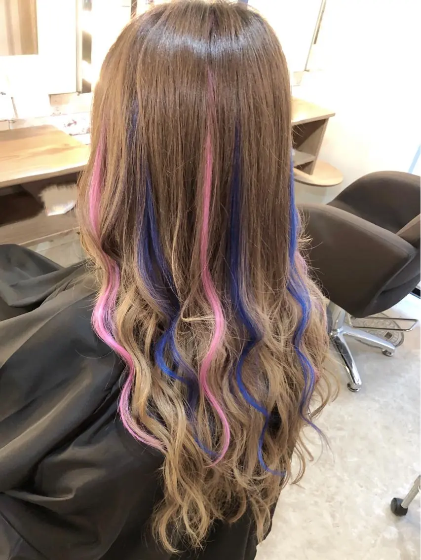 ロング カラー ヘアアレンジ ブルーカラー メッシュ ピンクカラー エクステ Hair Make Salon ZEROのヘアスタイル