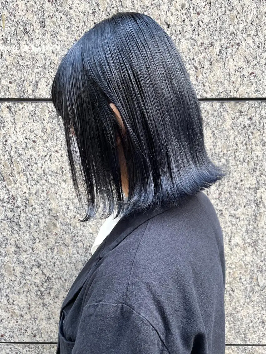 ミディアム カラー 黒髪 ネイビーカラー ヘアカラー トリートメント 💎小顔前髪&髪質 改善カラー💎片桐のヘアスタイル