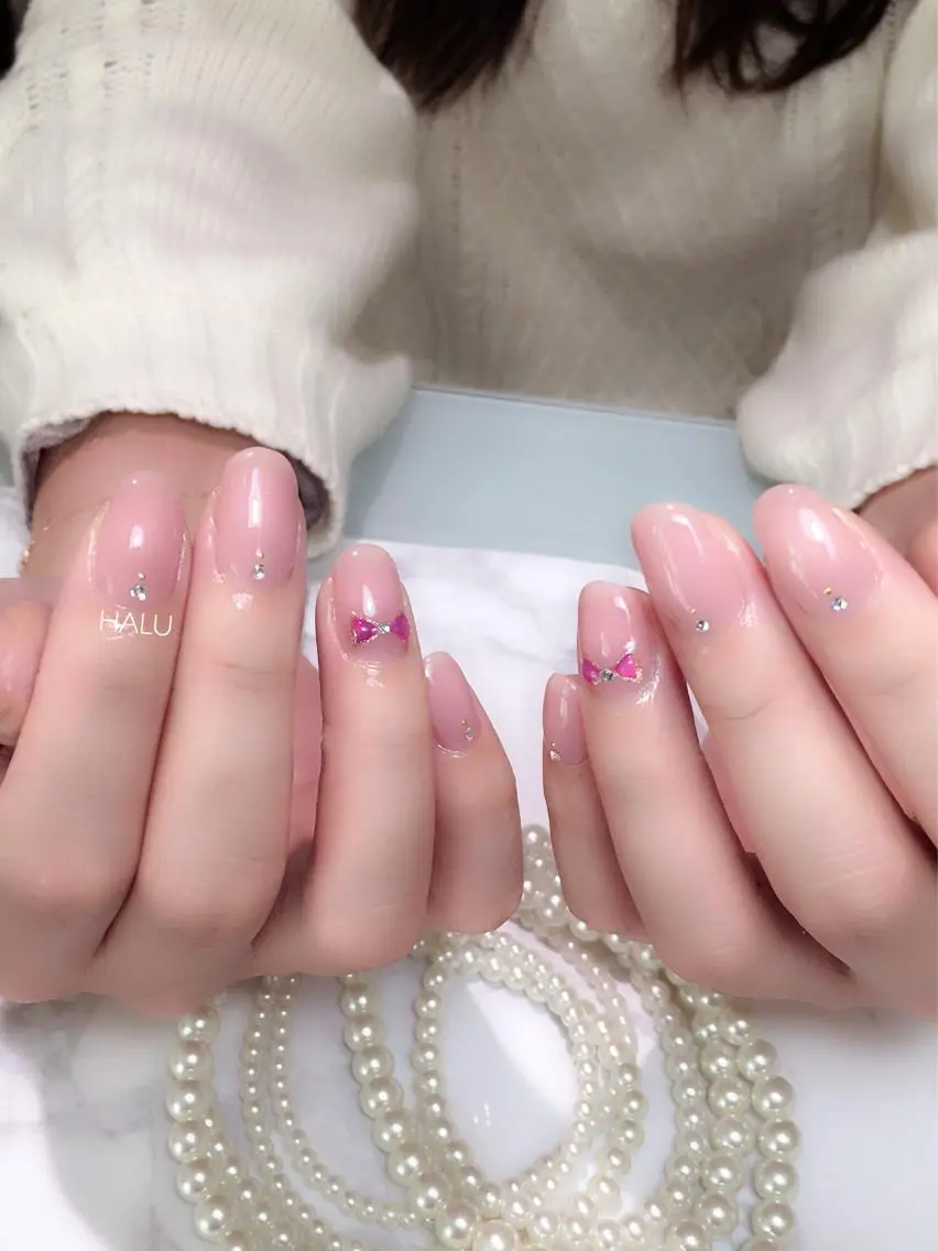 ネイル オフィスネイル ピンク リボン シンプルネイル HALU ハルのネイルデザイン