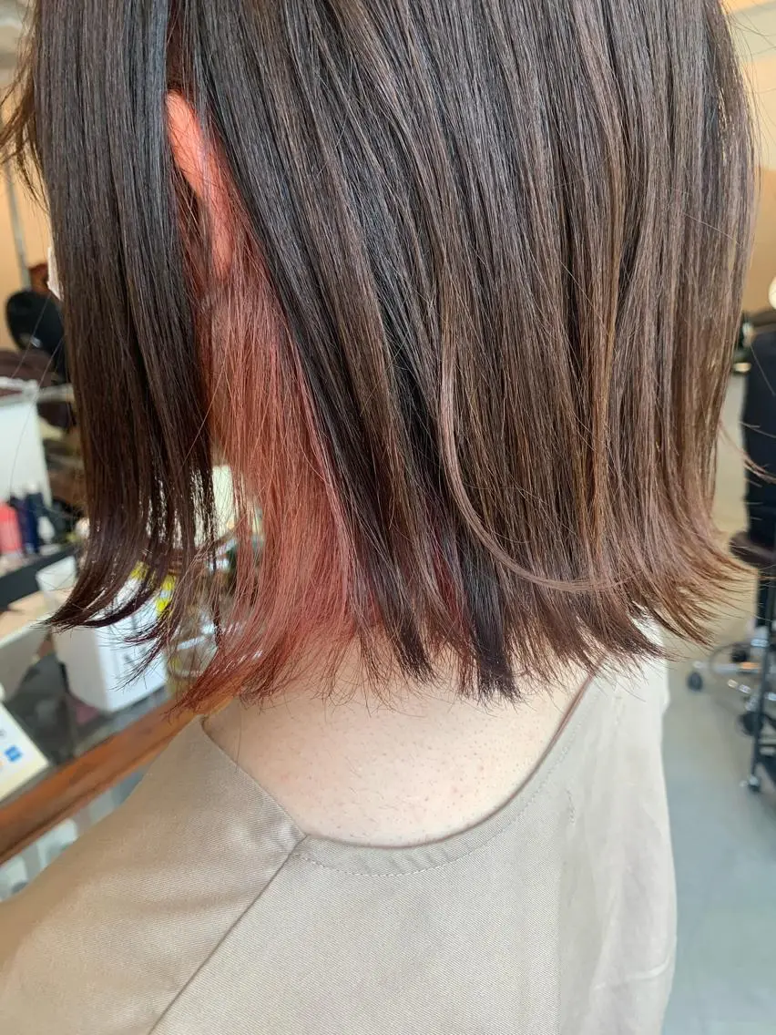 ミディアム カラー インナーカラー オレンジ ピンクカラー ヘアカラー 中目黒🌼 🌼ハナのヘアスタイル