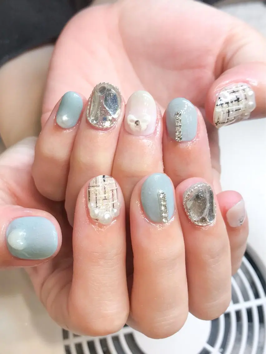ネイル ジェルネイル 韓国ネイル リボン ツイードネイル Nyanco Nailのネイルデザイン