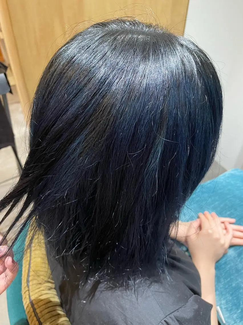 ミディアム カラー 黒髪 ブルーカラー ブルーブラック くびれミディアム/似 合わせ/鎌倉/edAのヘアスタイル