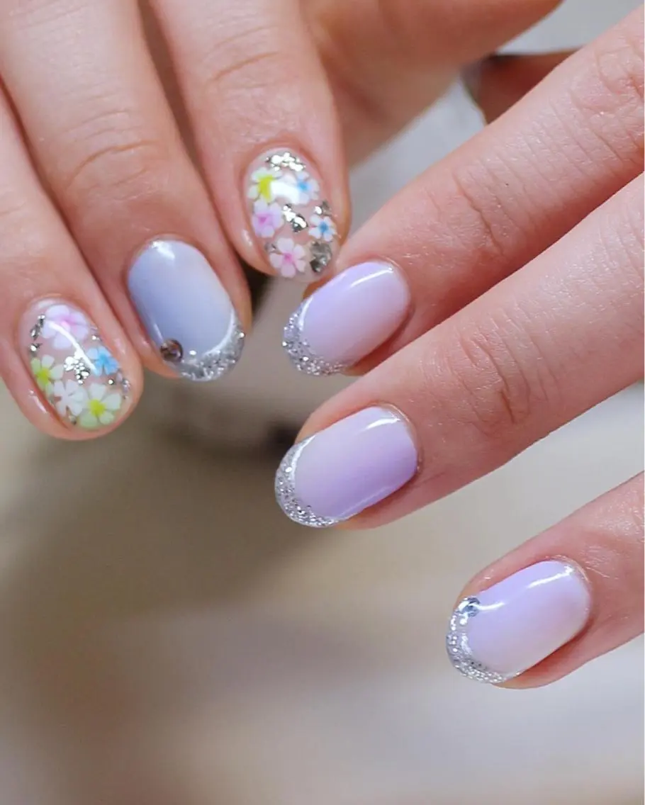 ネイル フラワーネイル フレンチネイル パープル ハンドネイル Baku Nailsのネイルデザイン