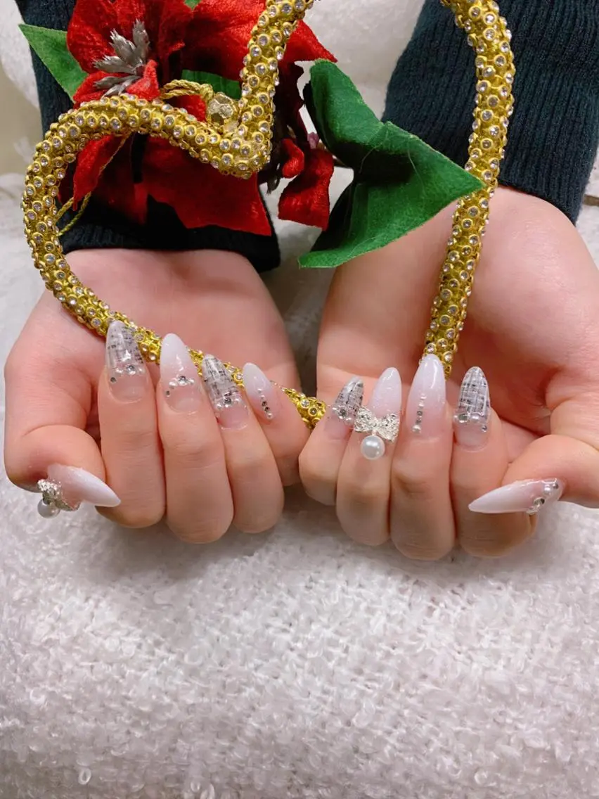 ネイル 長さ出し リボン スカルプネイル ツイードネイル *･*MIMnail 1号店･*:･*のネイルデザイン