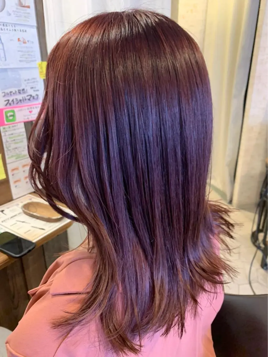 ミディアム カラー ブリーチ ピンクカラー バイオレットカラー ✨縮毛矯正✨髪質改善 ナカシマ ユミのヘアスタイル