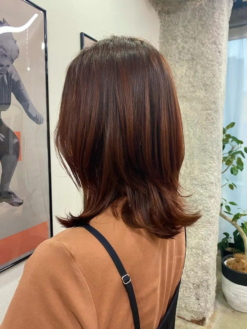 ミディアム カラー オレンジ オレンジレッド レッドカラー 暖色系特化さくら /福岡天神/レイヤーのヘアスタイル