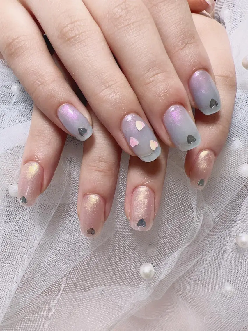 ショート カラー ネイル オーロラネイル ブルー ハート ハンドネイル Nail NaNaのネイルデザイン
