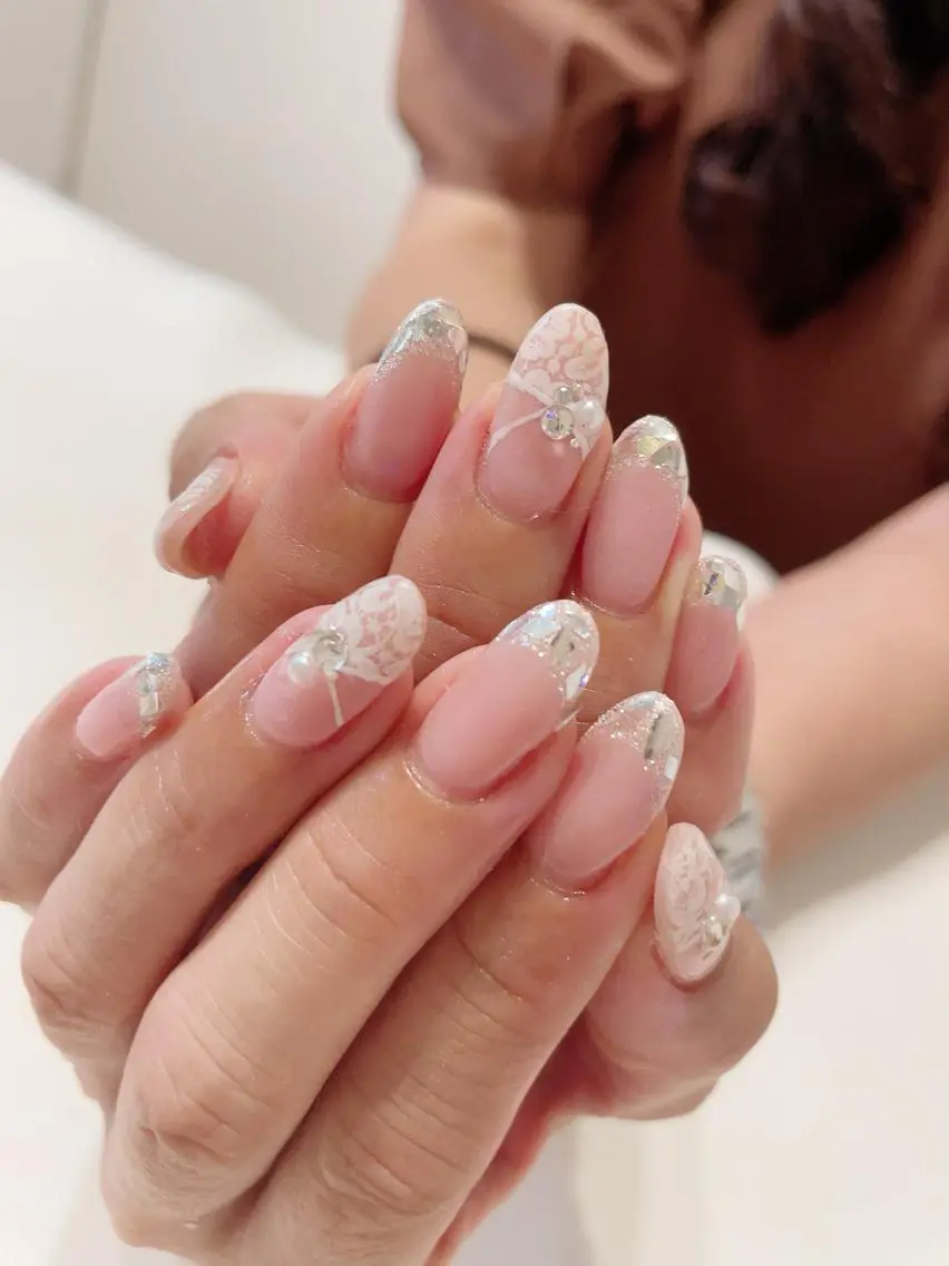 ネイル フレンチネイル ガラスフレンチ レース ハンドネイル * haruのネイルデザイン