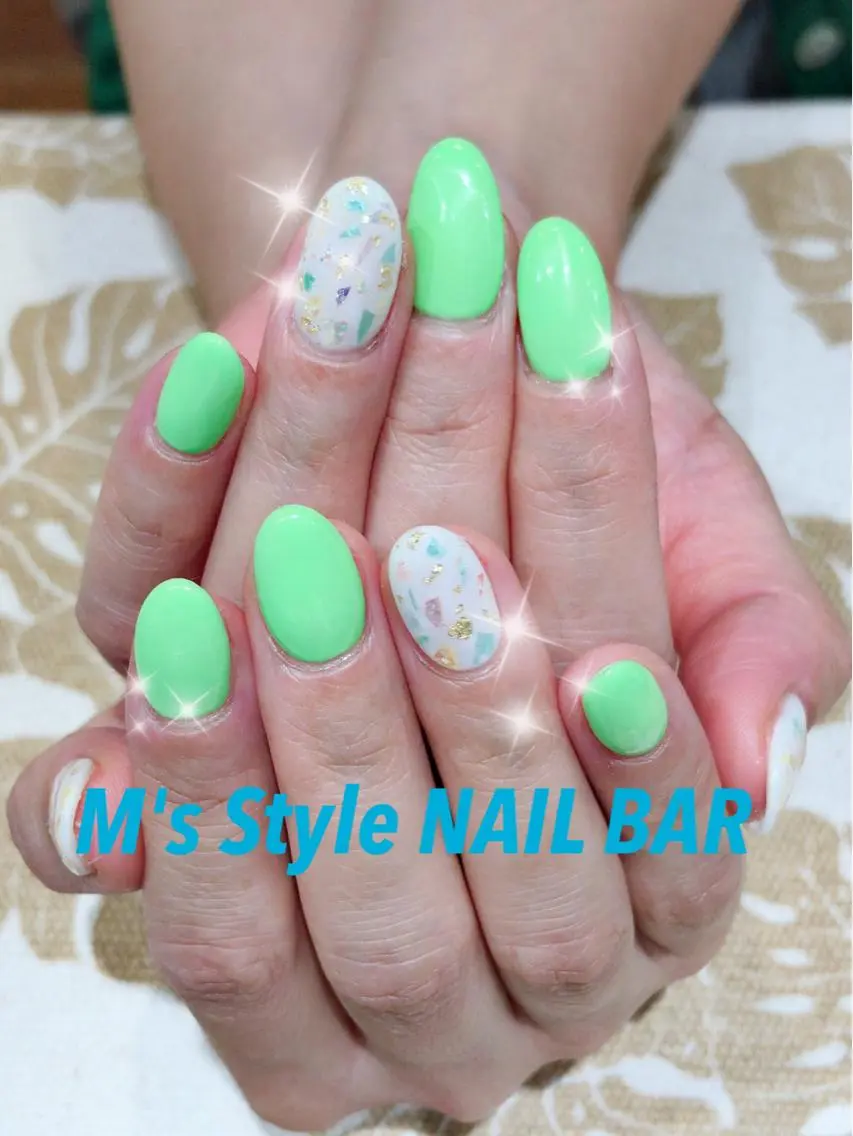 ネイル グリーン ロングネイル M's Style NAIL BARのネイルデザイン