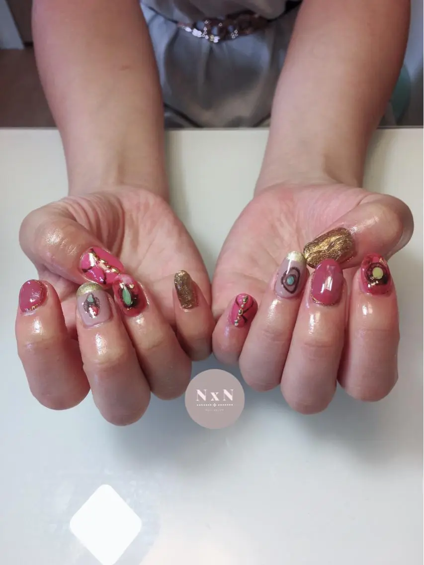 ネイル ジェルネイル 大理石ネイル(マーブル) ニュアンスネイル ピンク ぷっくりネイル nail salon N×Nのネイルデザイン