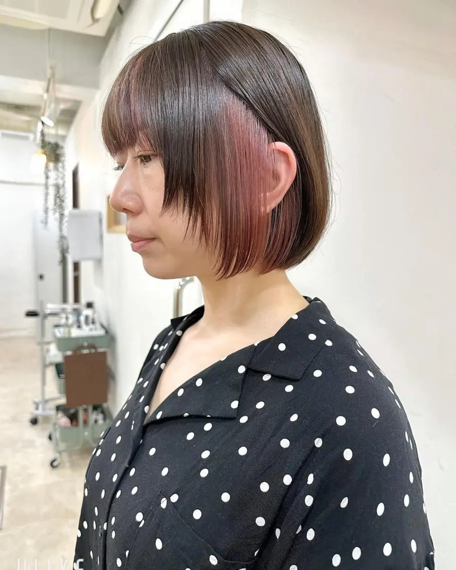 ショート カラー パーマ 切りっぱなしボブ 前下がりボブ ショートボブ 黒髪 デザインカラー 髪質改善 縮毛矯正/ レイヤー/銀座/本木のヘアスタイル