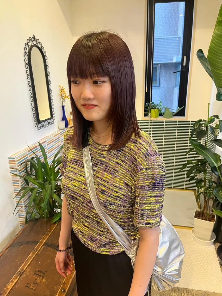 ミディアム カラー ブリーチ ボルドーカラー ヘアカラー トリートメント 🩷ハイトーン透明感 レイヤー🩷ユリカのヘアスタイル