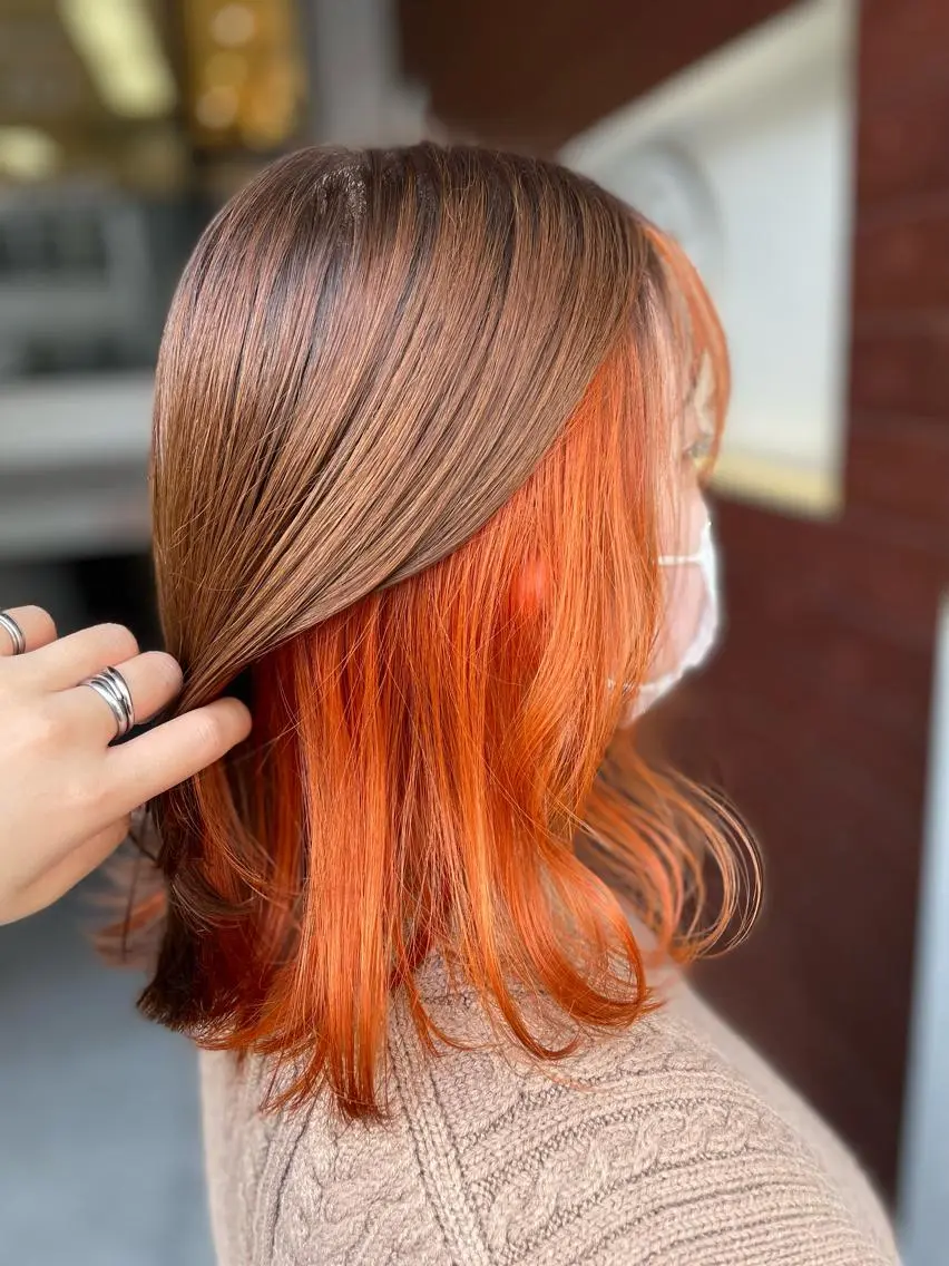 セミロング カラー インナーカラー オレンジ ヘアカラー トリートメント IORI #韓国ヘア#髪質改善のヘアスタイル