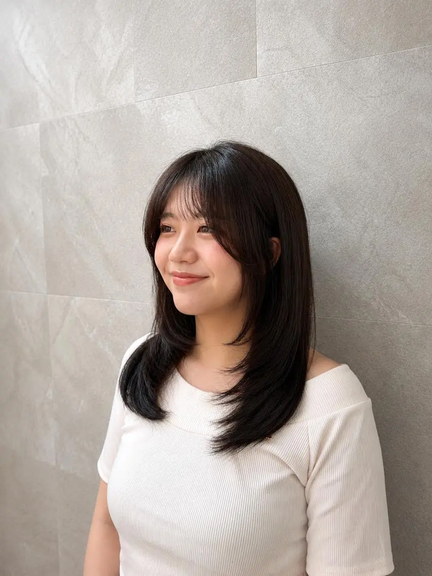 セミロング レイヤーカット 韓国ヘアケアブリーチ 莉奈のヘアスタイル