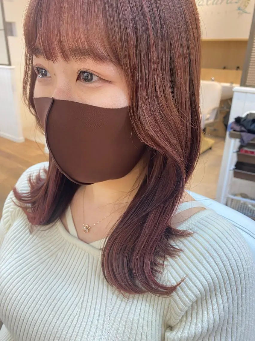 セミロング カラー ヘアアレンジ ブリーチ ブリーチなしカラー ピンクカラー 韓国ヘア sasugaのヘアスタイル