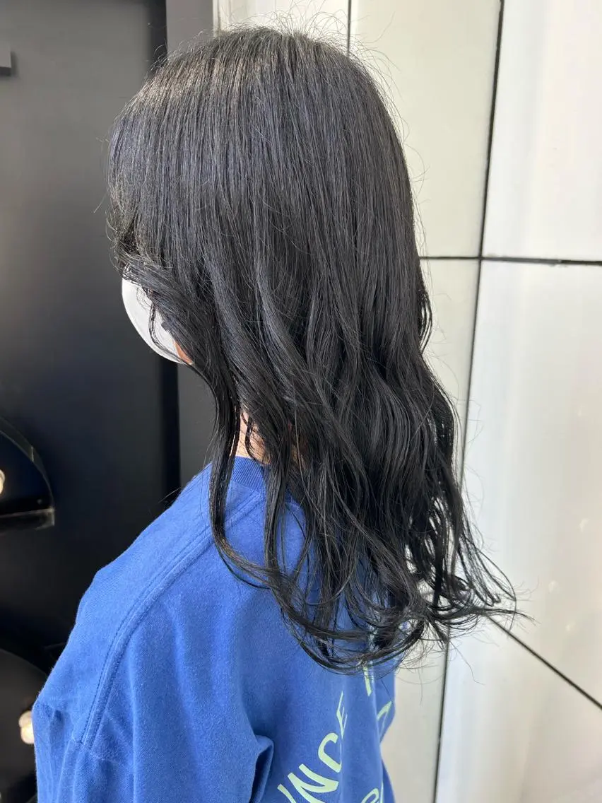 ロング カラー 黒髪 ブルーカラー ブルーブラック ハイトーンカラー 学生 🦋sana🦋 似合わせカット✁のヘアスタイル
