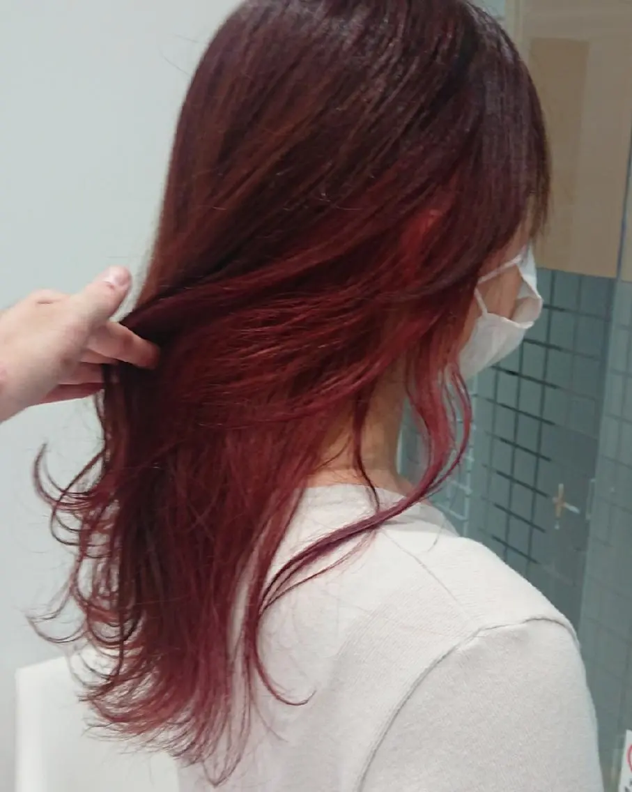 セミロング カラー ブリーチ インナーカラー レッドカラー ウルフカット/デザイ ンカラー/あらげのヘアスタイル