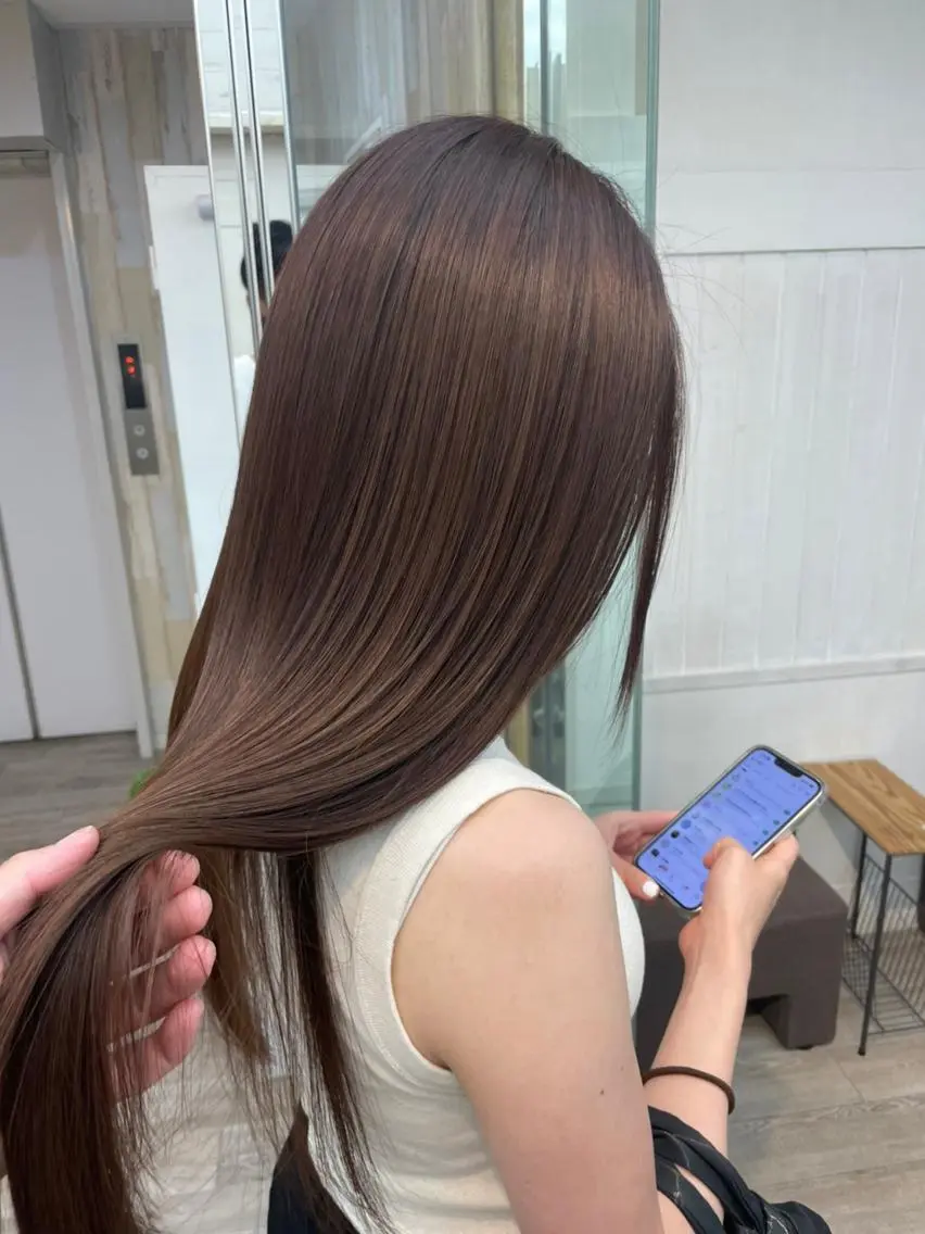 ロング アッシュ ミストバング パープルカラー ボブ デート カット 縮毛矯正 N° anfeel 渋谷🪞🫧のヘアスタイル