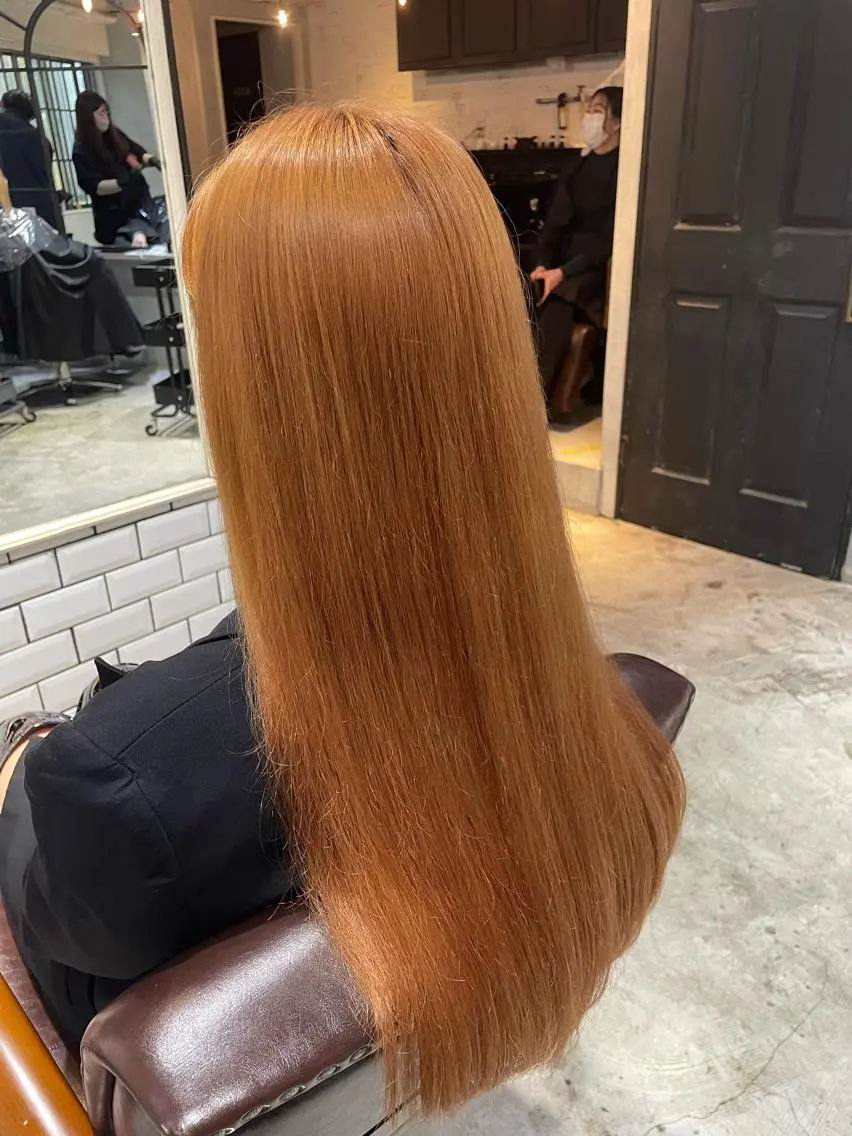 ロング カラー オレンジ 縮毛矯正 髪質改善　工藤のヘアスタイル