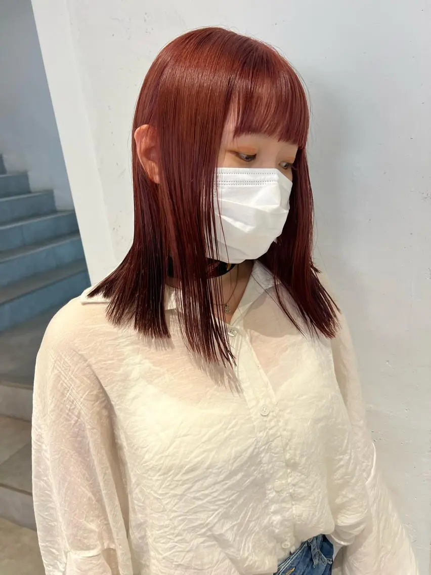 ミディアム カラー レッドカラー 顔周りカット/透明感 カラー✂️MEIのヘアスタイル