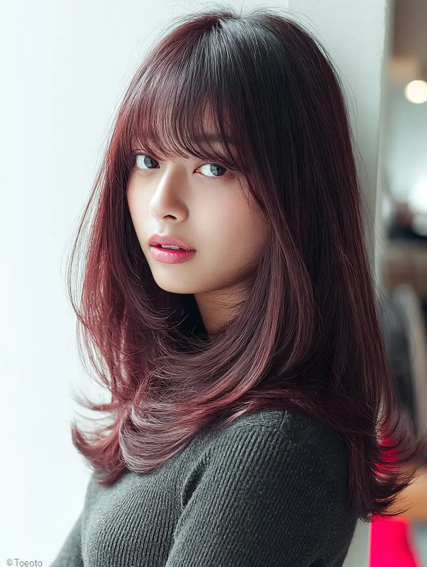 セミロング 🍒暖色×ハイトーン ×デザイン✨まなりのヘアスタイル