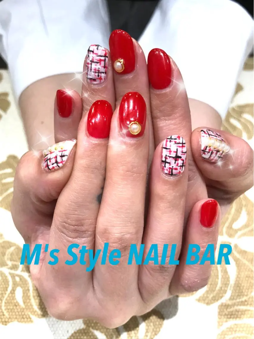 ネイル 赤色 ツイードネイル ハンドネイル M's Style NAIL BARのネイルデザイン