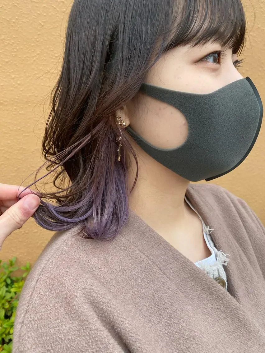 ミディアム カラー ヘアアレンジ パープルカラー 美髪矯正 韓国レイヤーのヘアスタイル
