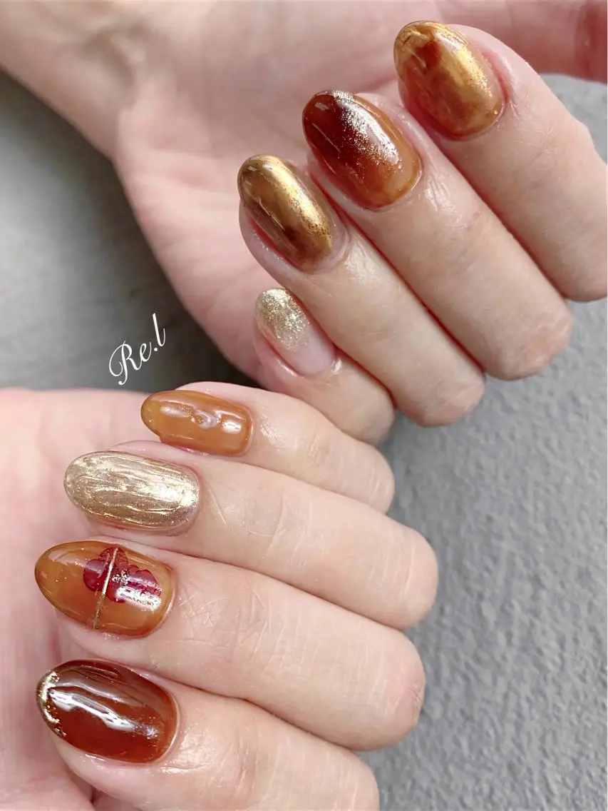 ネイル ブラウン ニュアンスネイル オレンジ モチの良さ◉ フィルインネイル♡のネイルデザイン