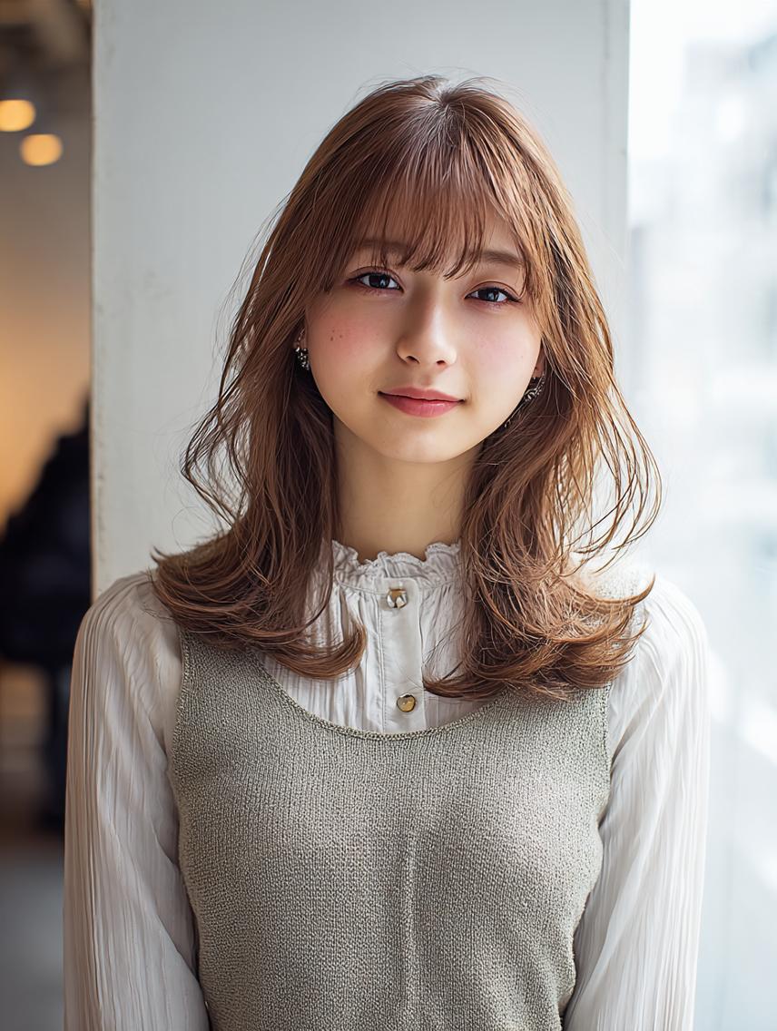 セミロング 🍒暖色×ハイトーン ×デザイン✨まなりのヘアスタイル