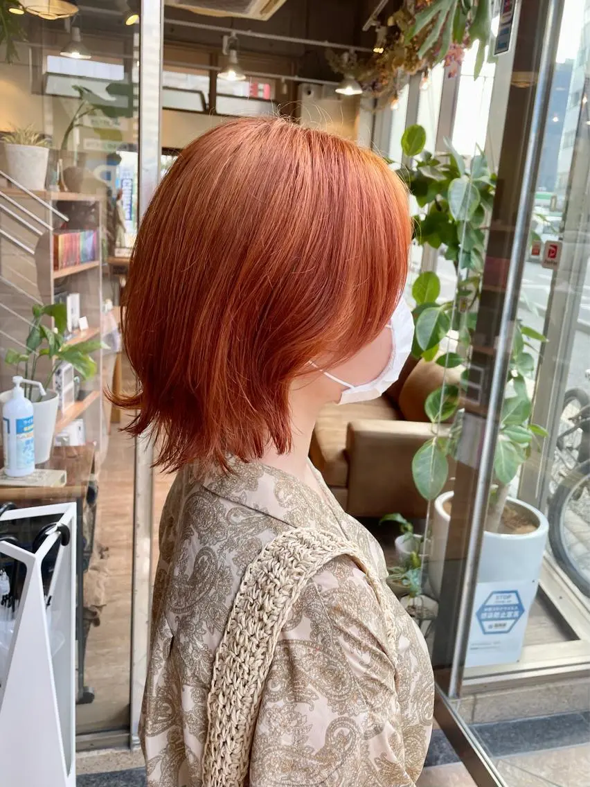 ショート カラー オレンジ くびれヘア ショート/ボブ/ メンズ/縮毛矯正のヘアスタイル