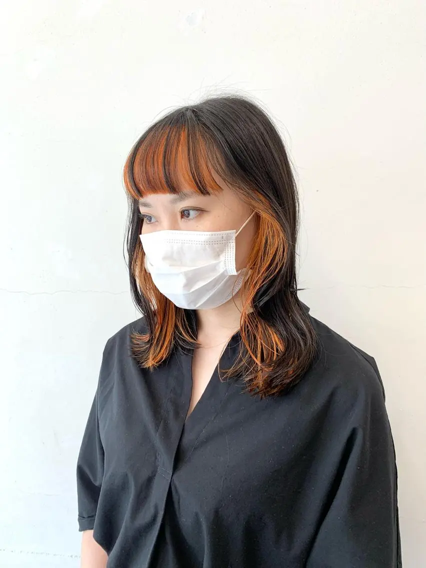 ミディアム カラー ヘアアレンジ ブリーチ ケアブリーチ デザインカラー インナーカラー オレンジ HARU//原宿🤍 リピート率NO.1のヘアスタイル