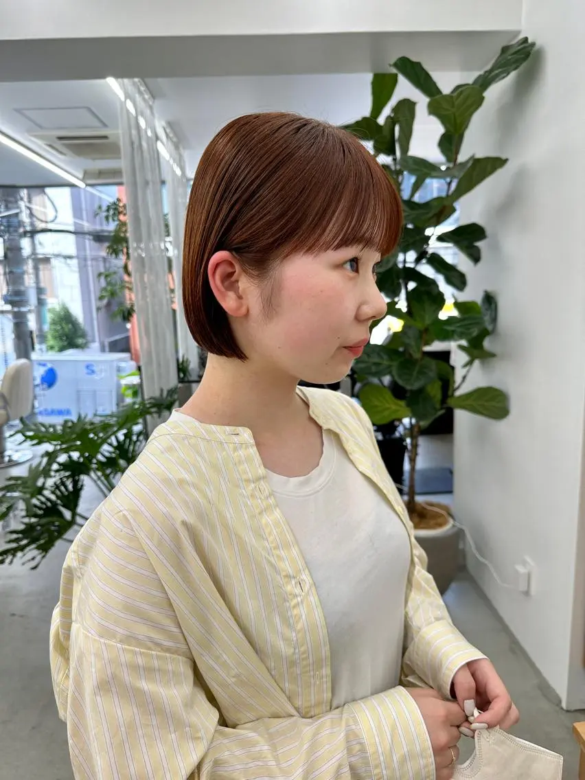 ショート カラー ブラウンカラー オレンジ オレンジブラウン ボブ カット ボブ/レイヤー/ケア パーマ/リュウタのヘアスタイル