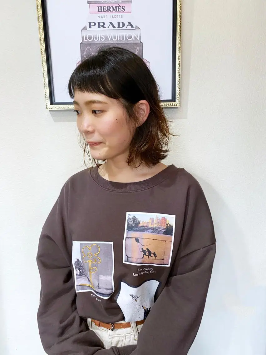 ミディアム ミディアムパーマ ボブ 外ハネヘア カット パーマ トリートメント 三瓶 智広のヘアスタイル