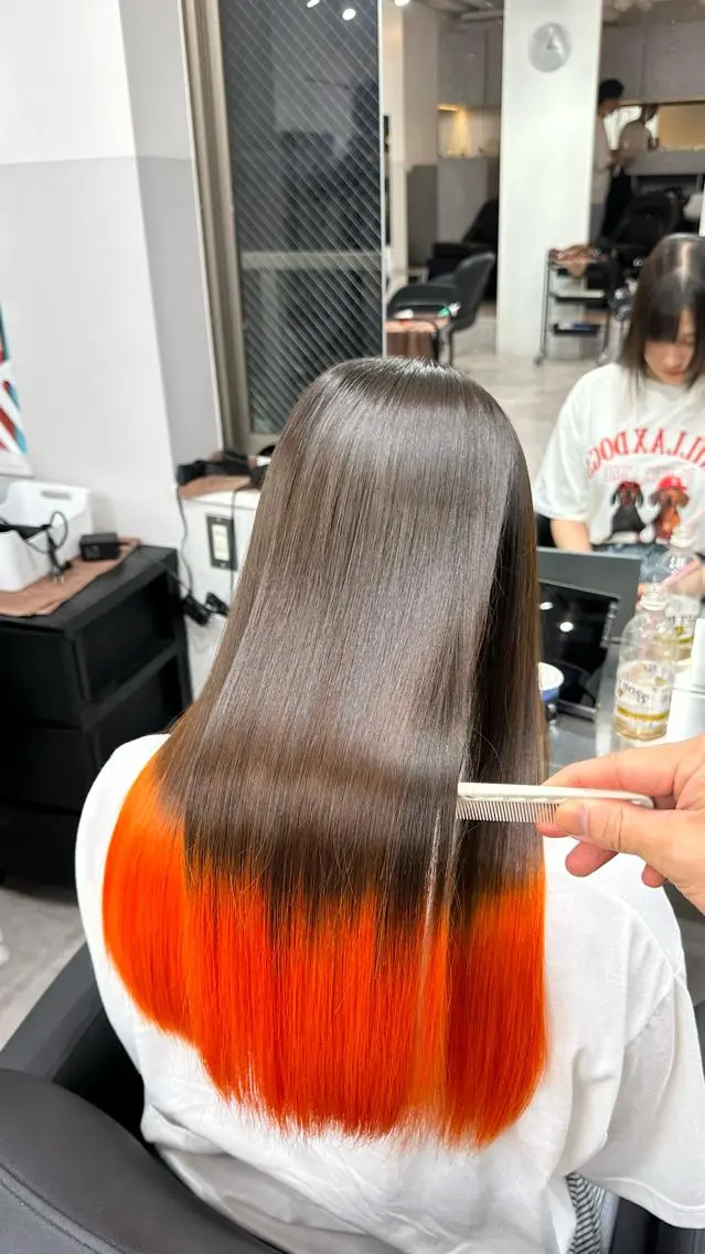 セミロング カラー ヘアアレンジ 狐カラー グラデーションカラー オレンジ カット ヘアカラー トリートメント ✨錦糸町ブリーチ/ ホワイトカラー皇気✨のヘアスタイル