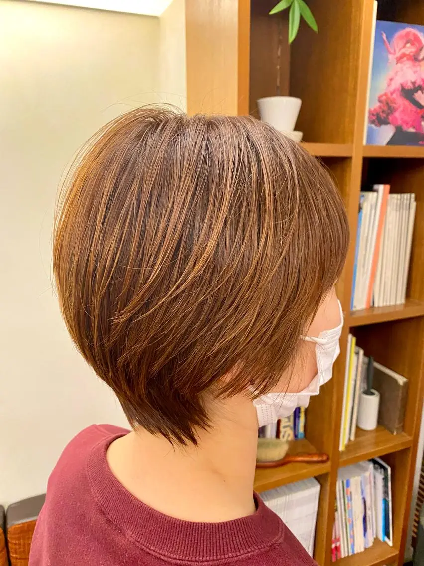 ショート カラー ブラウンカラー オレンジ オレンジブラウン 似合わせレイヤー/ ケアパーマ/高倉のヘアスタイル